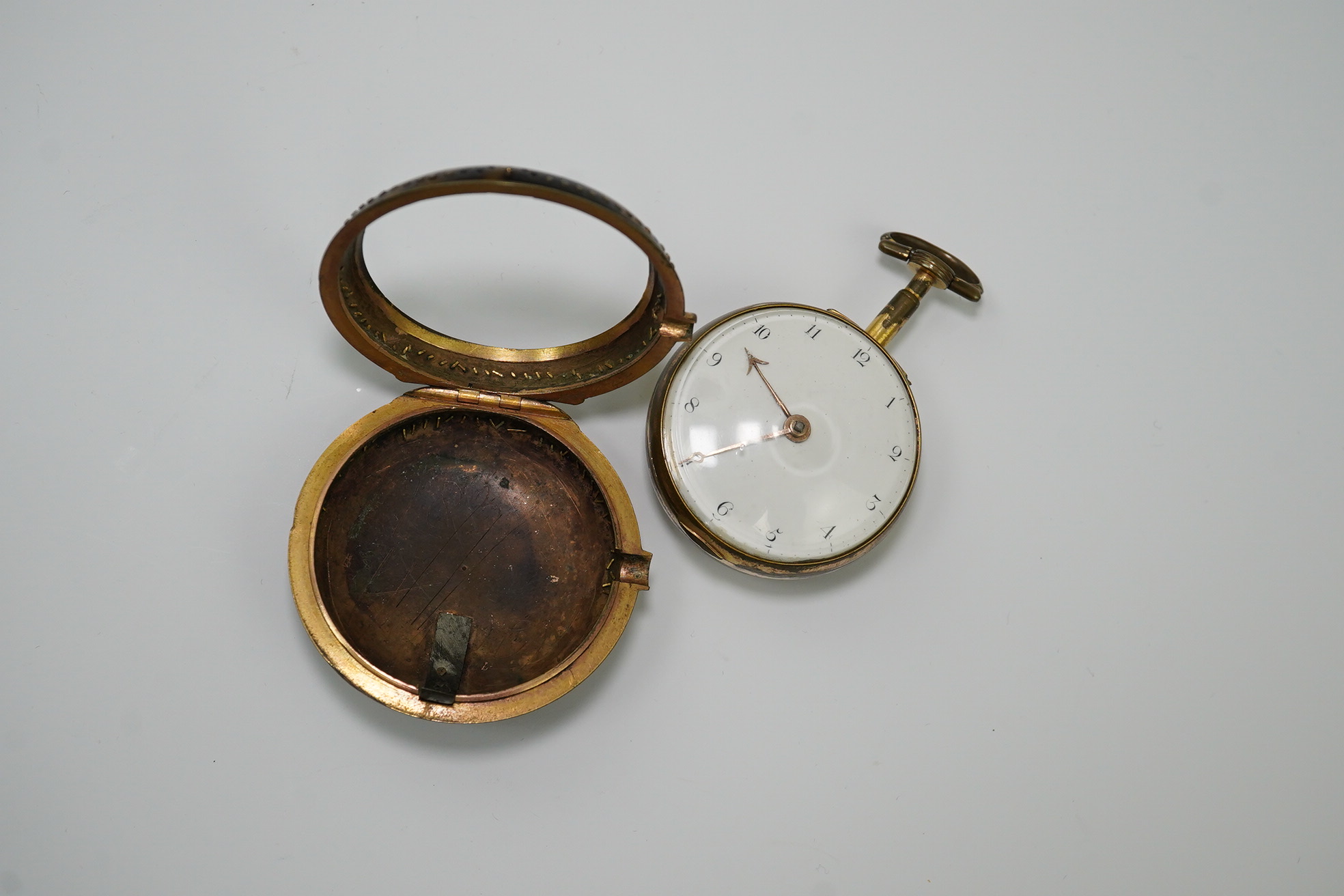 A George III pair cased gold plated keywind verge pocket watch, with a tortoiseshell outer case, by John Rentnow, London